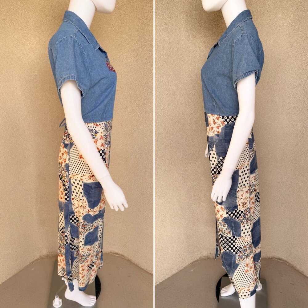 Vintage 90s Patchwork Denim Button Front Dress - image 4